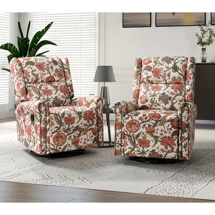 Lark Manor Alyissa Floral Print Manual Swivel Rocking Recliner with Nailhead Trims Set of 2 Reviews Wayfair